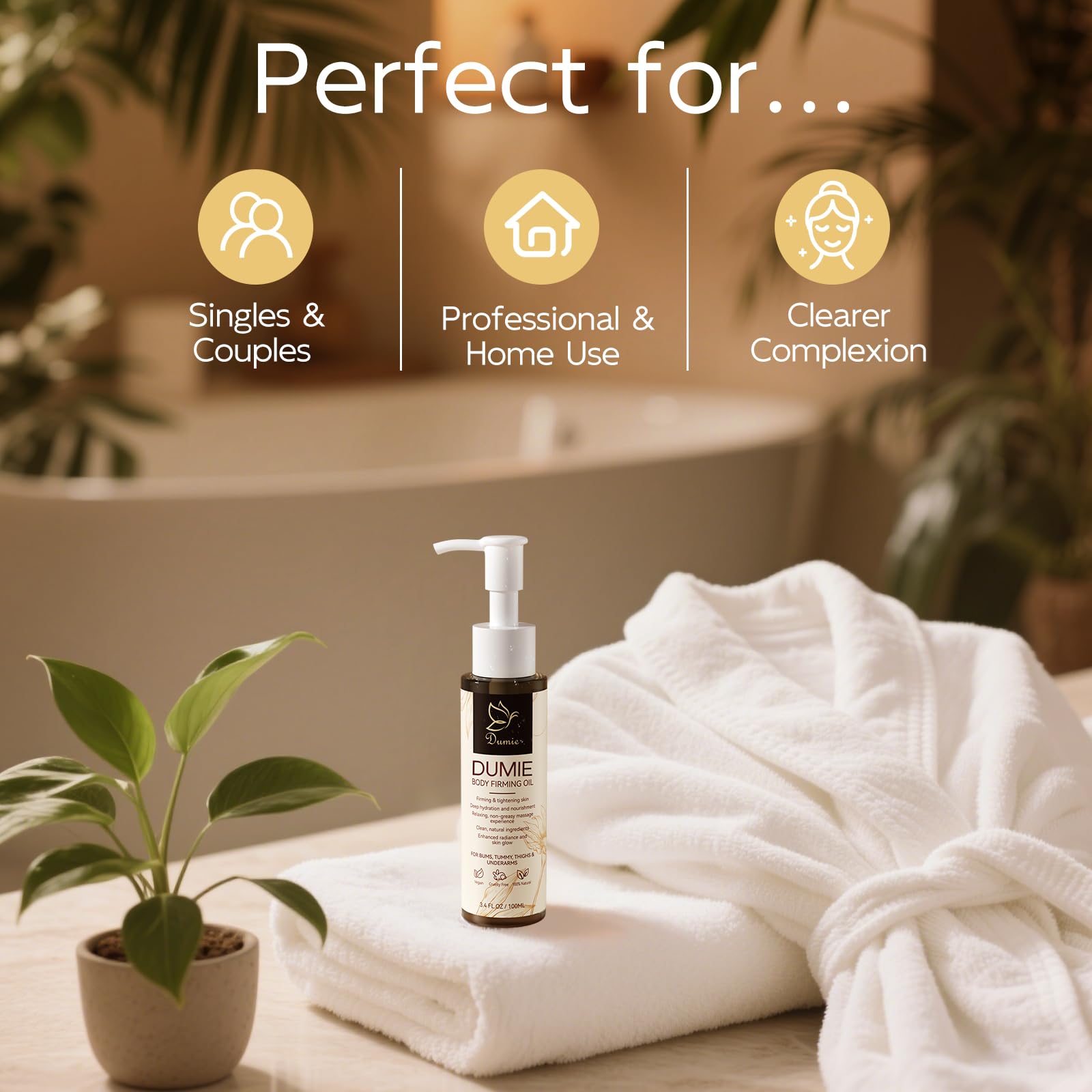 Dumie Body Firming Oil luxury packaging photo communicates premium product