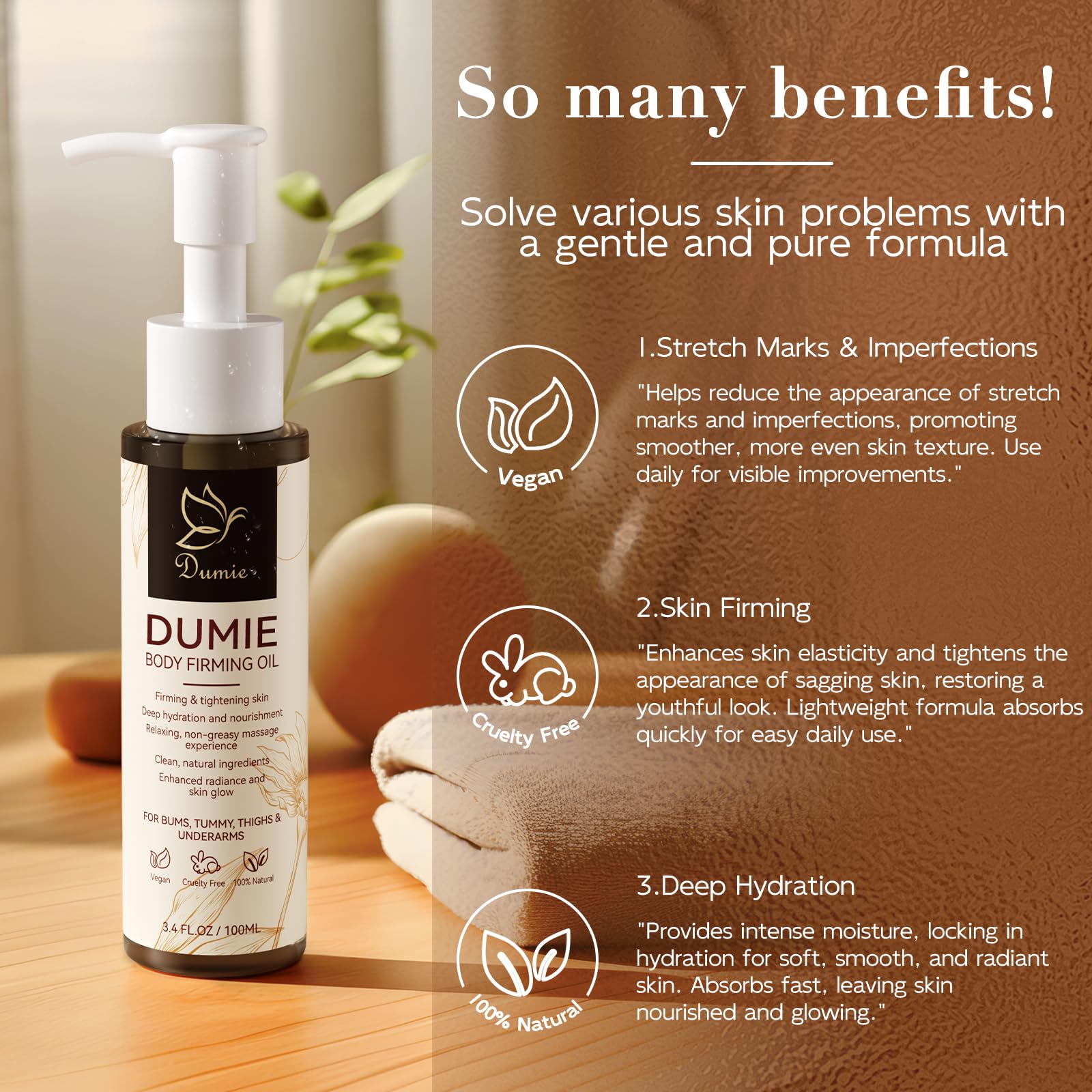 Dumie Body Firming Oil spa-like scene evokes luxurious self-care