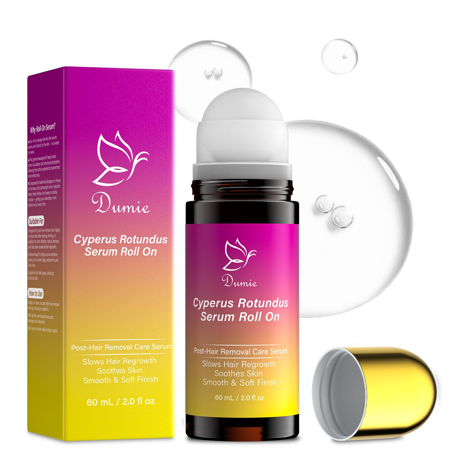 Dumie Cyperus Rotundus Serum Roll-On bottle for mess-free post-removal care