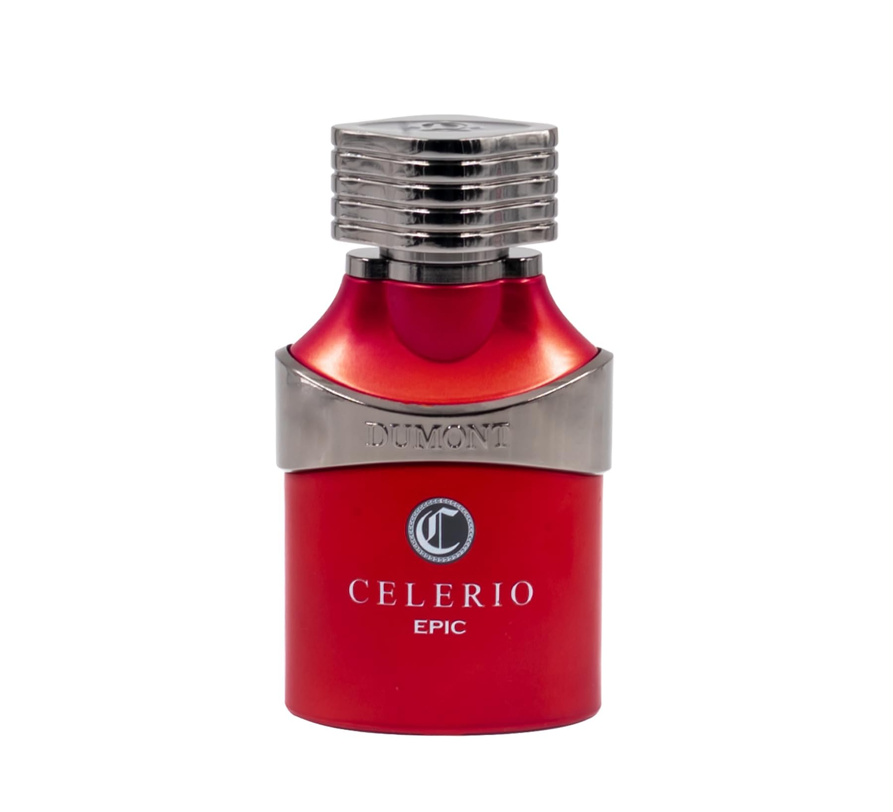 Dumont Celerio Epic angled bottle in red for a modern, unisex scent statement.