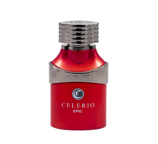 Dumont Celerio Epic angled bottle in red for a modern, unisex scent statement.
