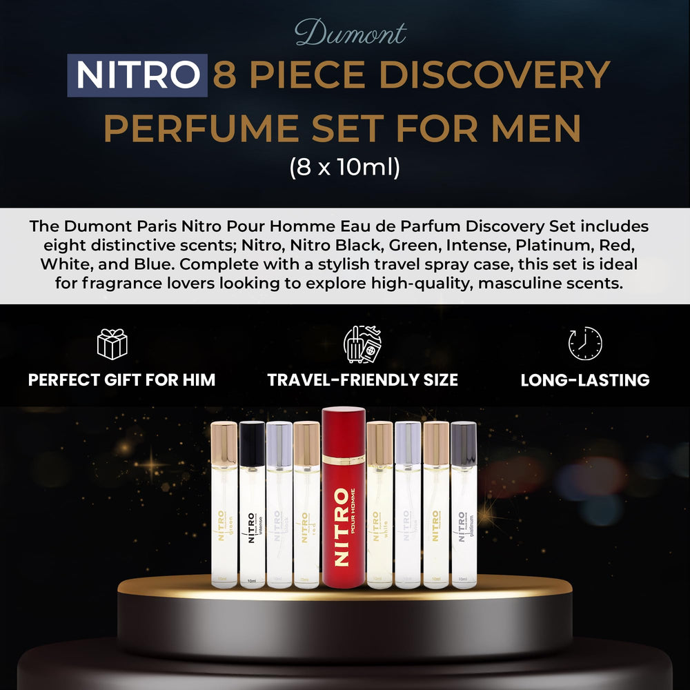 Dumont Nitro collection bottles lineup showing diverse scents for daily wear