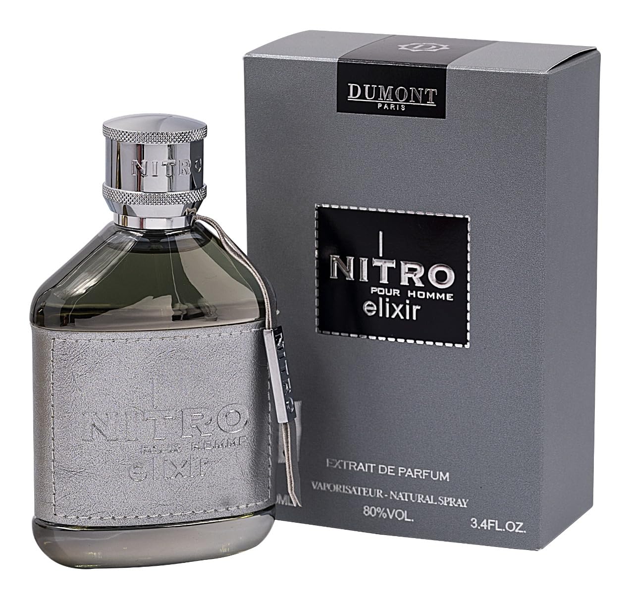 Dumont Nitro Elixir bottle with leather wrap; bold luxury for confident moments.