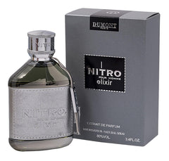 Dumont Nitro Elixir bottle with leather wrap; bold luxury for confident moments.
