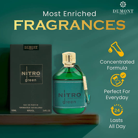 Dumont Nitro Green bottle side, sleek packaging for travel.