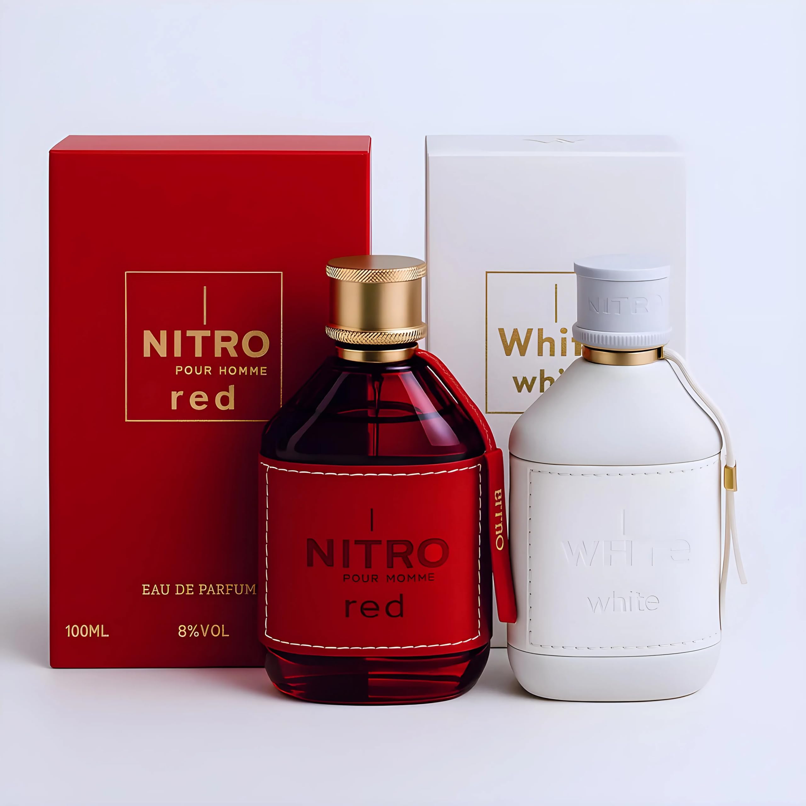 Dumont Nitro Red bottle with leather wrap and gold accents for a luxurious presence.