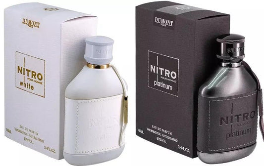 Dumont Nitro White and Platinum set bottles showcase luxury leather-wrapped design for premium gifting