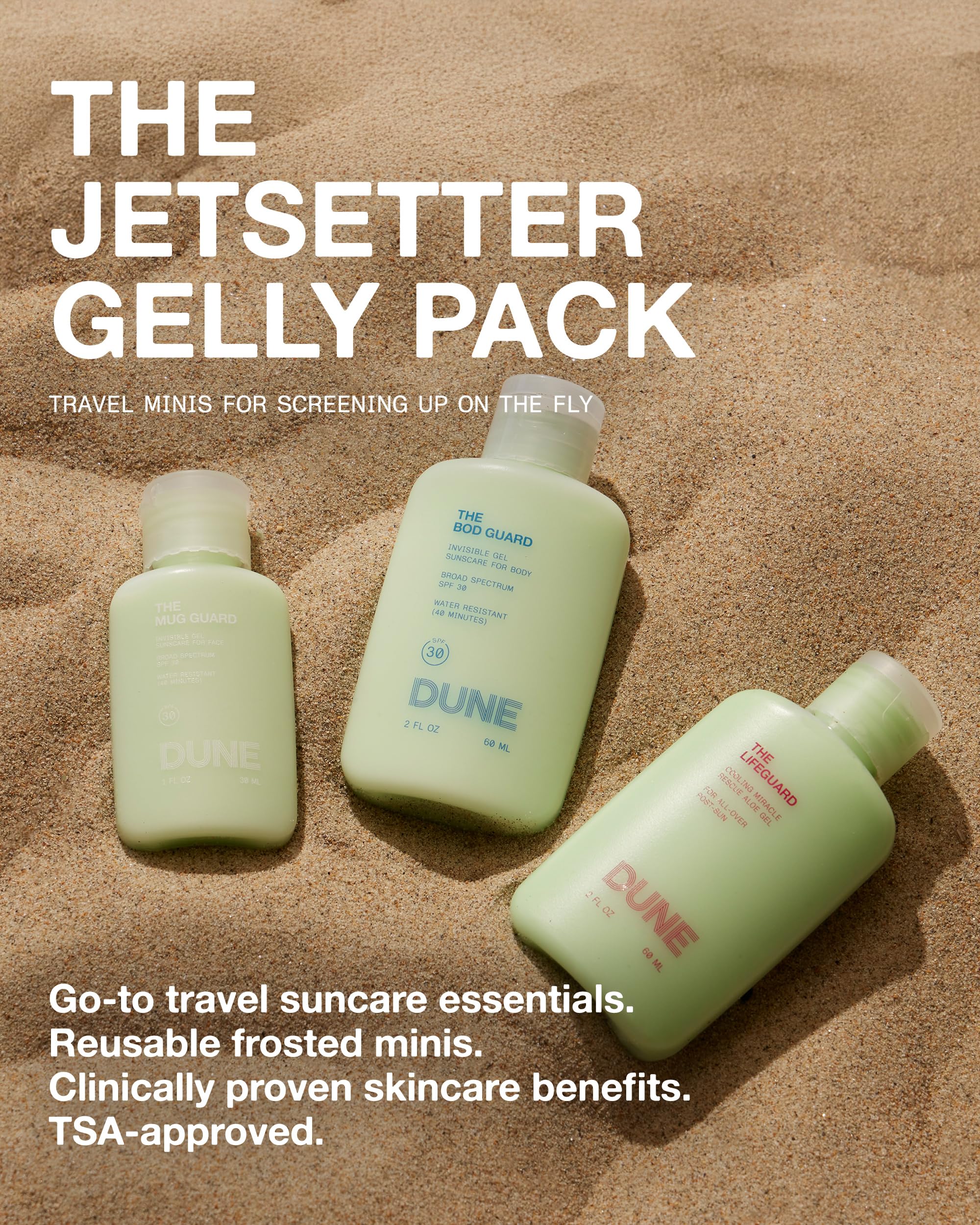 DUNE SUNCARE Jetsetter hydration graphic highlights 72-hour moisture during travel.