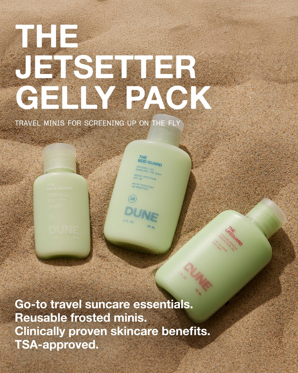 DUNE SUNCARE Jetsetter hydration graphic highlights 72-hour moisture during travel.