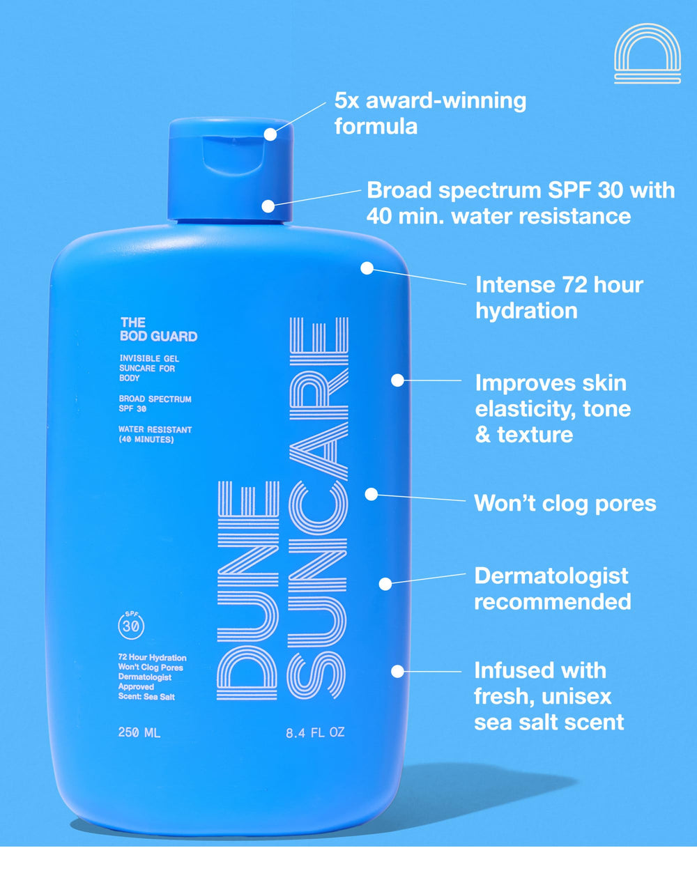 DUNE SUNCARE The Bod Guard clear gel texture applied to skin for a non-greasy feel.
