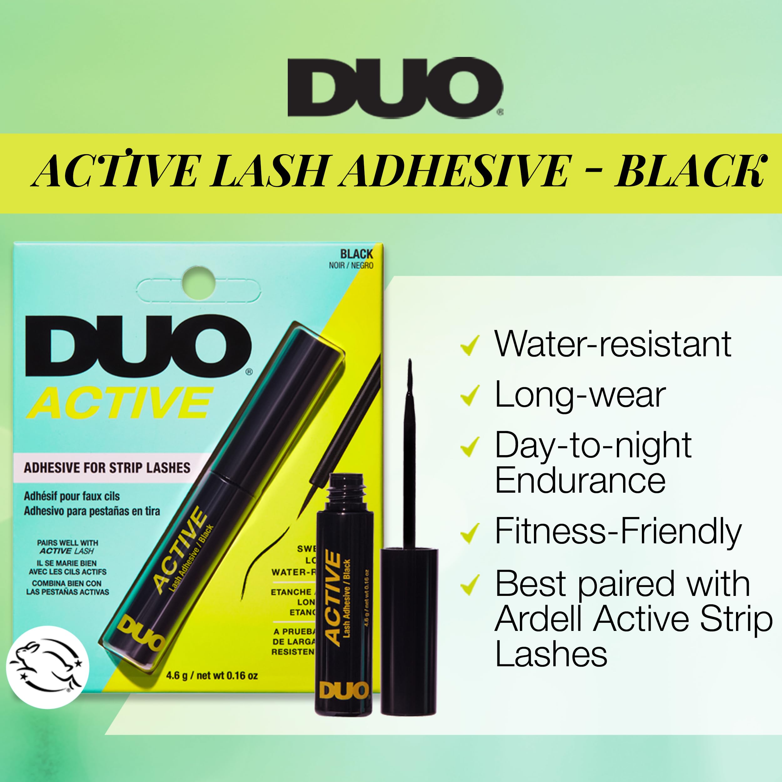 DUO Active Black Eyelash Glue demonstrates precise-tip application on lash bands.