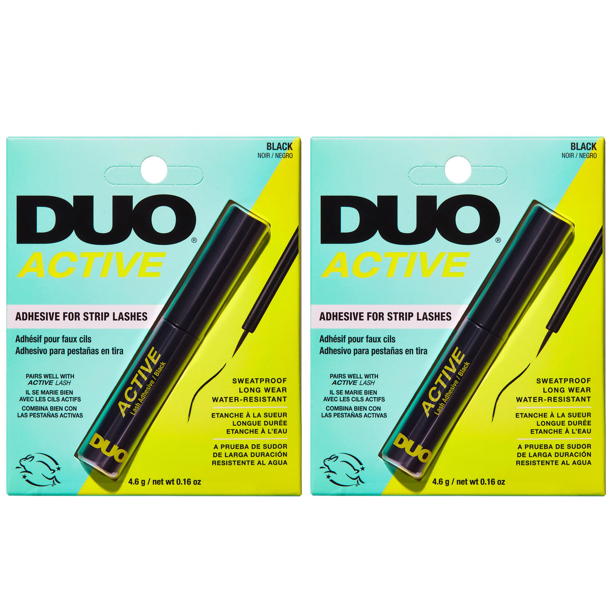 DUO Active Black Eyelash Glue tube closeup with precise tip for clean bonding.