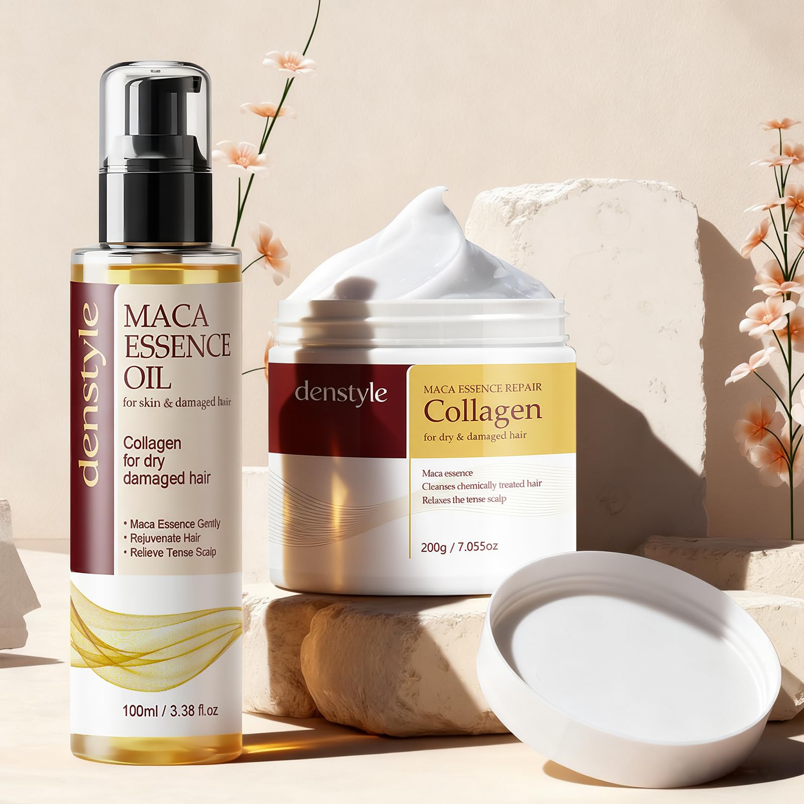 Collagen Hair Mask and Maca Essence Argan Oil duo for deep conditioning