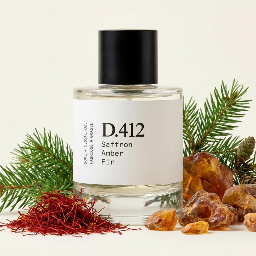 Dupe. Paris D.412 bottle pour highlighting premium fragrance for day or night use.
