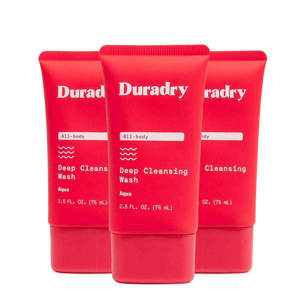 Duradry deodorizing body wash bottle pours with long-lasting odor control.