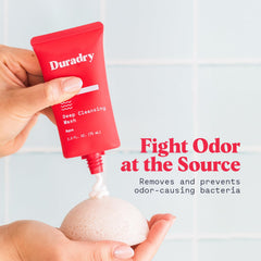 Duradry body wash foam creates a deep cleansing lather.