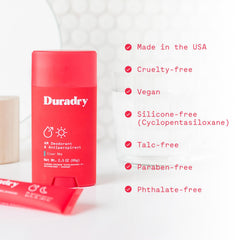 Duradry antiperspirant formula blocks sweat and controls odor.