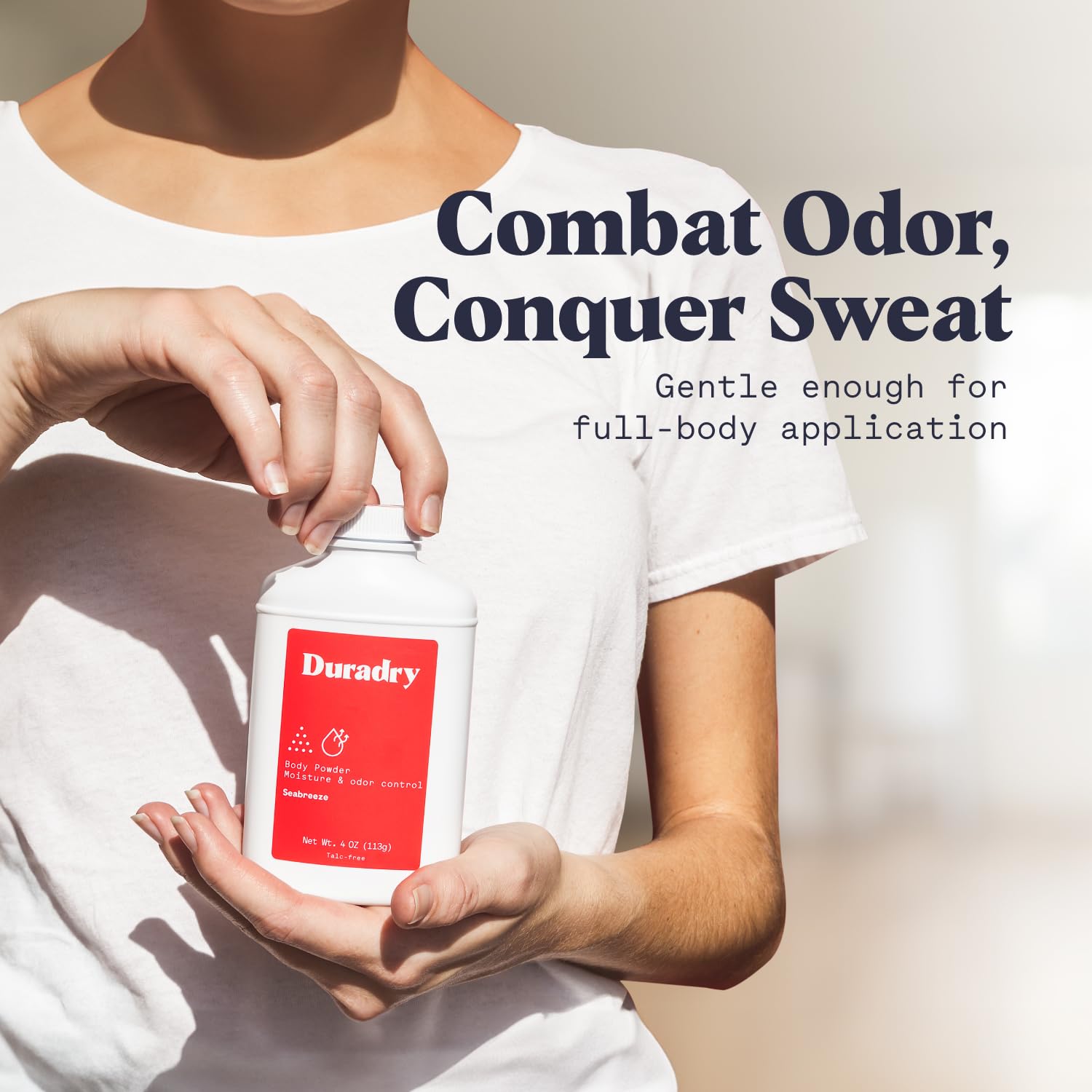 Duradry Seabreeze bottle dispensing powder for quick odor control after workouts.