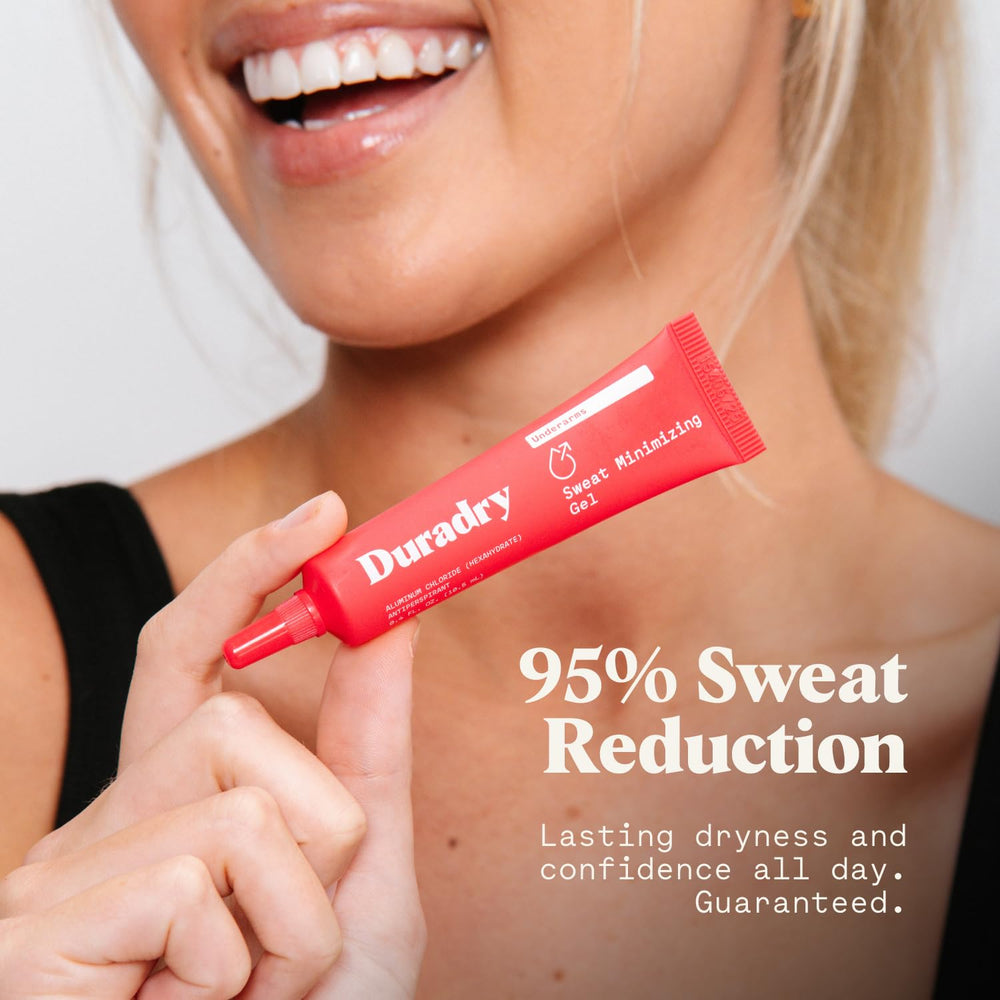 Duradry Sweat Minimizing Gel tube close-up highlighting clear gel texture