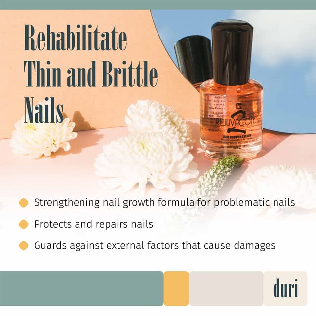 Duri Rejuvacote 2 top coat bottle provides lasting finish for nails.