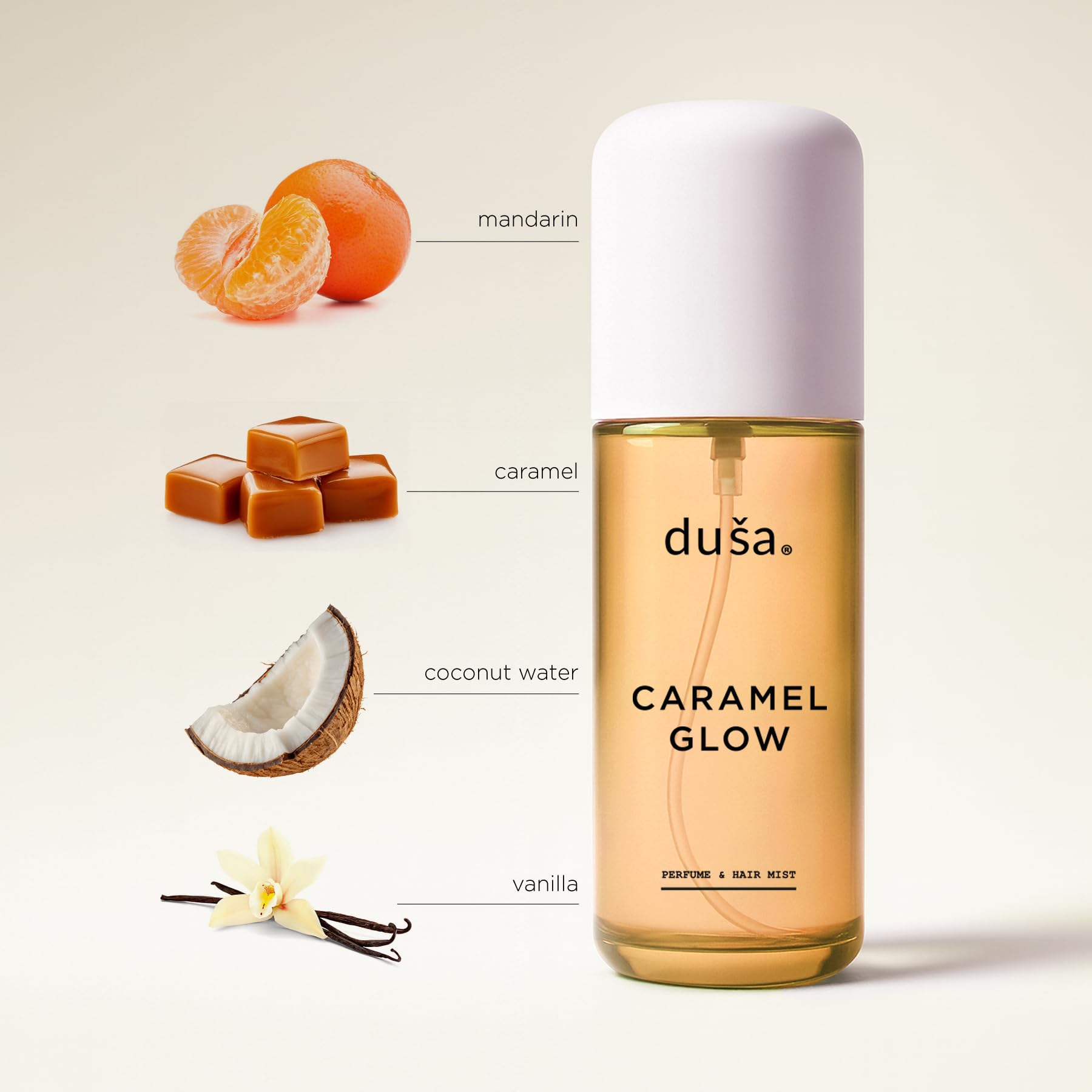 DUSA Caramel Glow bottle back highlights nourishing formula for silky hair shine.