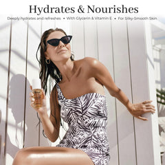 DUSA Caramel Glow lifestyle shot showing a confident, refreshed wearer after spraying.