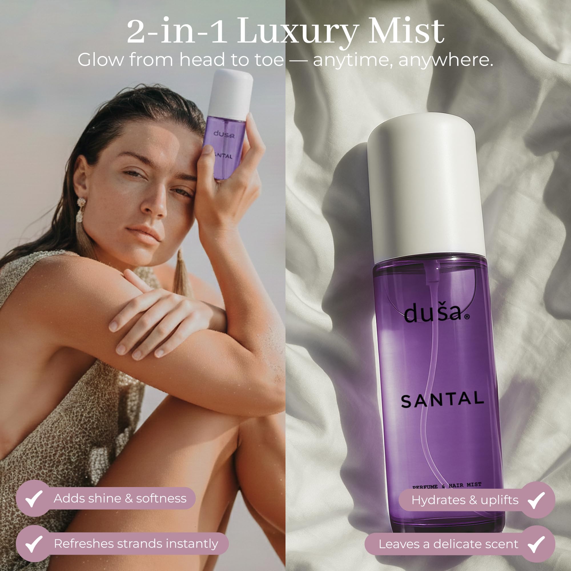 DUSA Santal bottle on vanity showcases elegant packaging for everyday luxury.