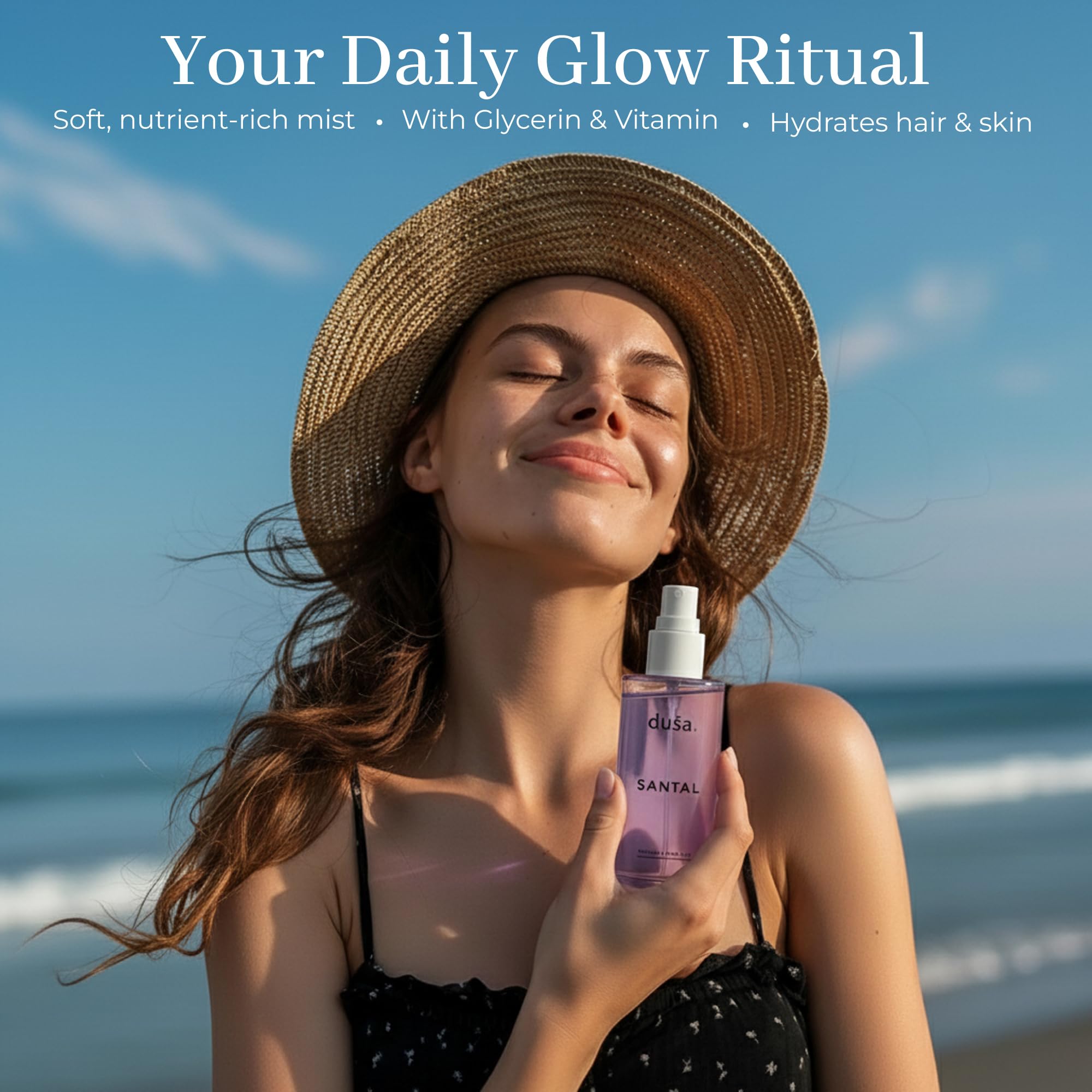 DUSA Santal bottle beside flowers evokes refined everyday use with lasting aroma.