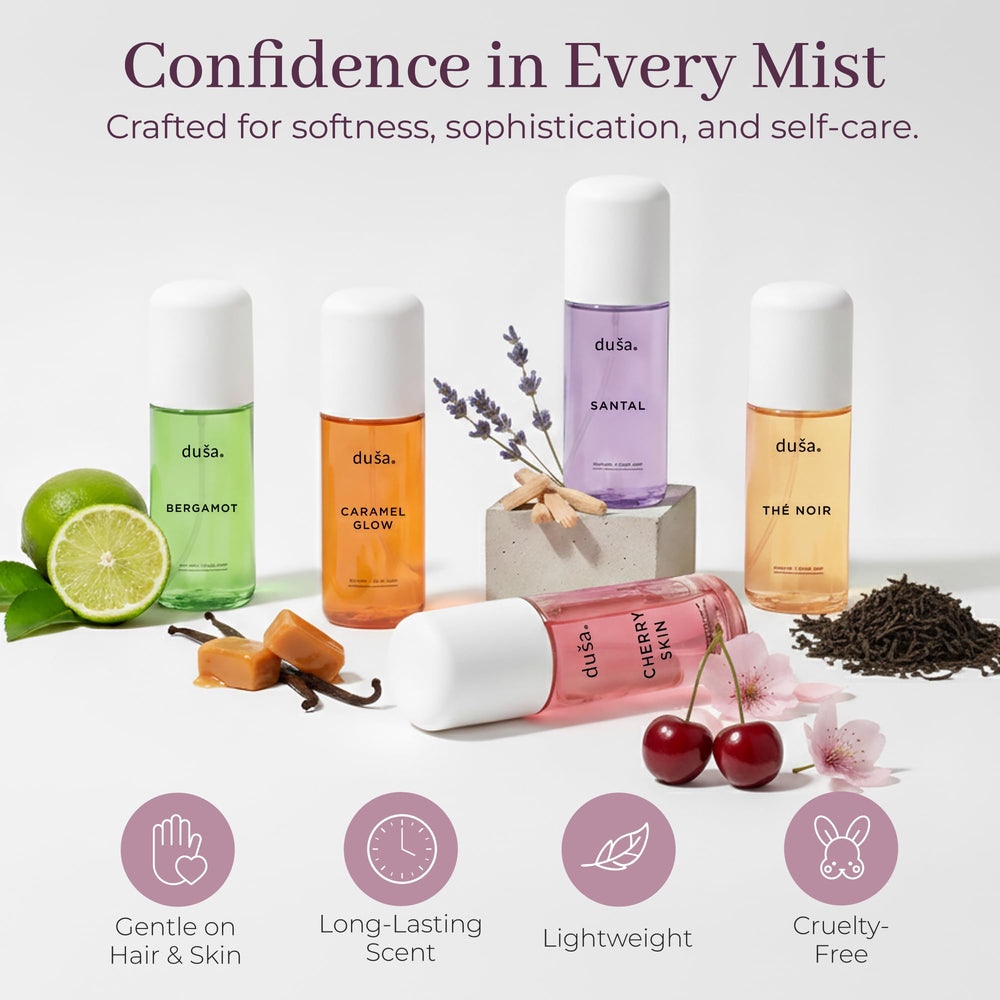 DUSA Santal mist applied to wrist demonstrates light, uplifting fragrance.