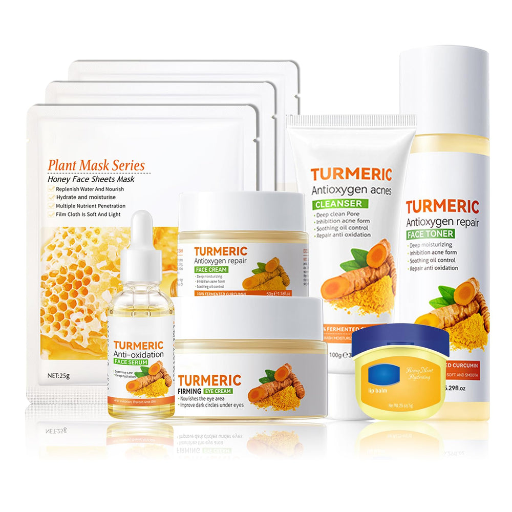 DWDiWen turmeric skin care set packaging showing the full daily routine and product variety