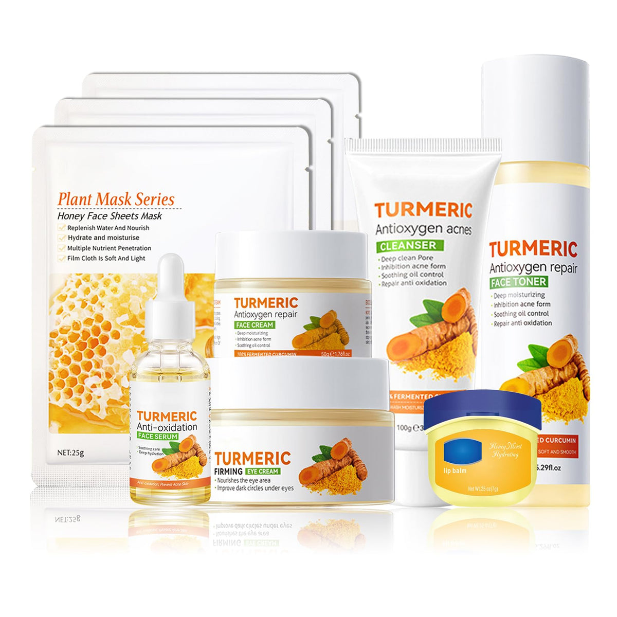 DWDiWen turmeric skin care set packaging showing the full daily routine and product variety