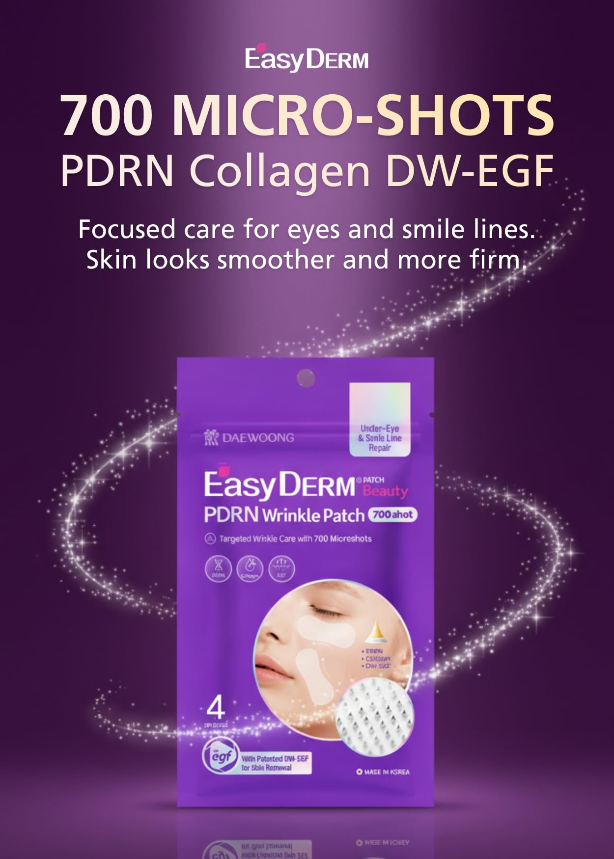 DWEasyDerm PDRN under-eye patch applied for smoother eye area.