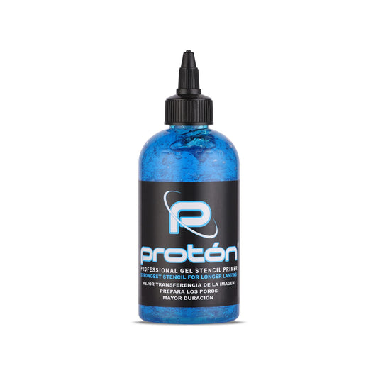 Dynamic Color Co Proton stencil primer gel in blue bottle enhances stencil clarity for precise tattoo work.