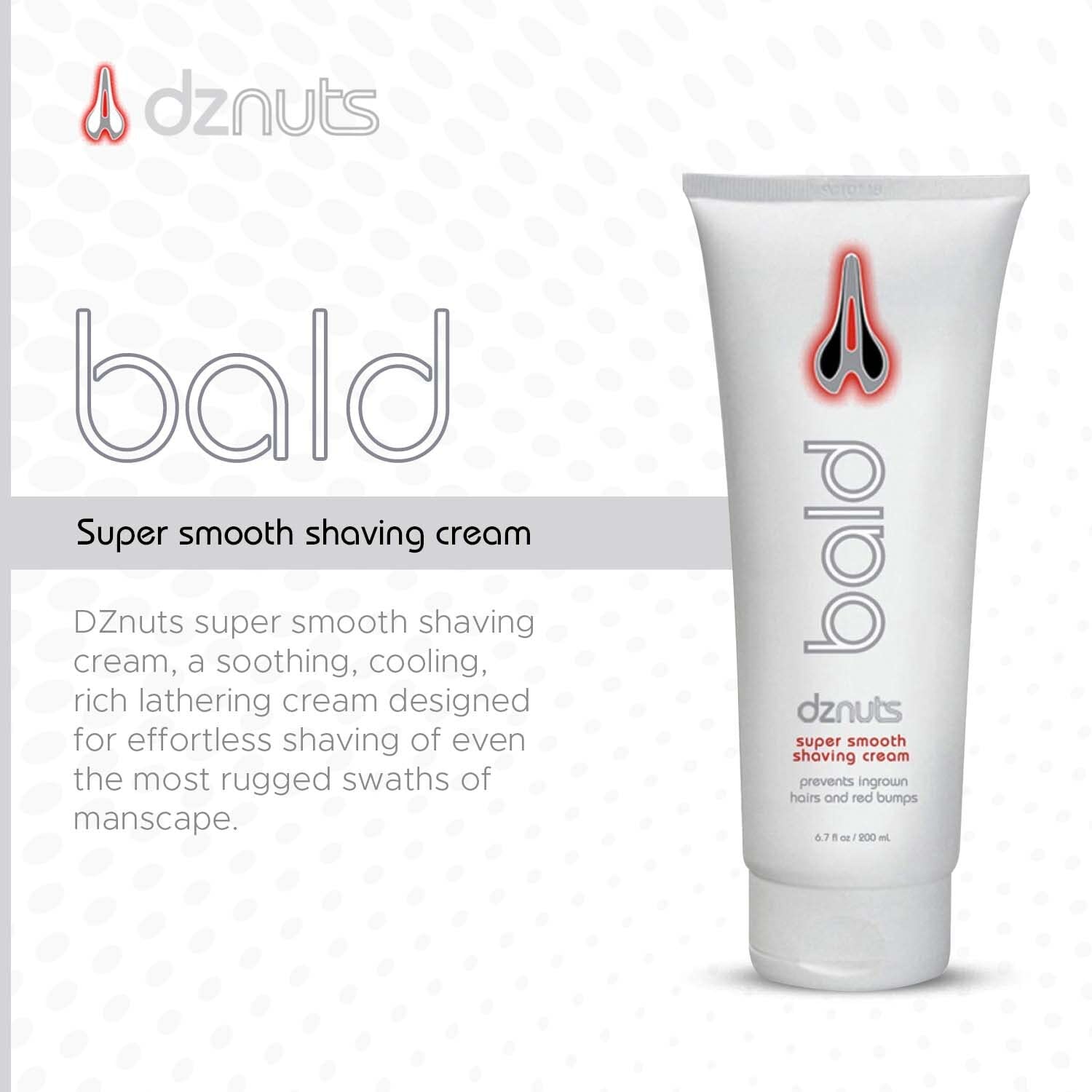 Dznuts Bald Super Smooth Shaving Cream packaging beside razor