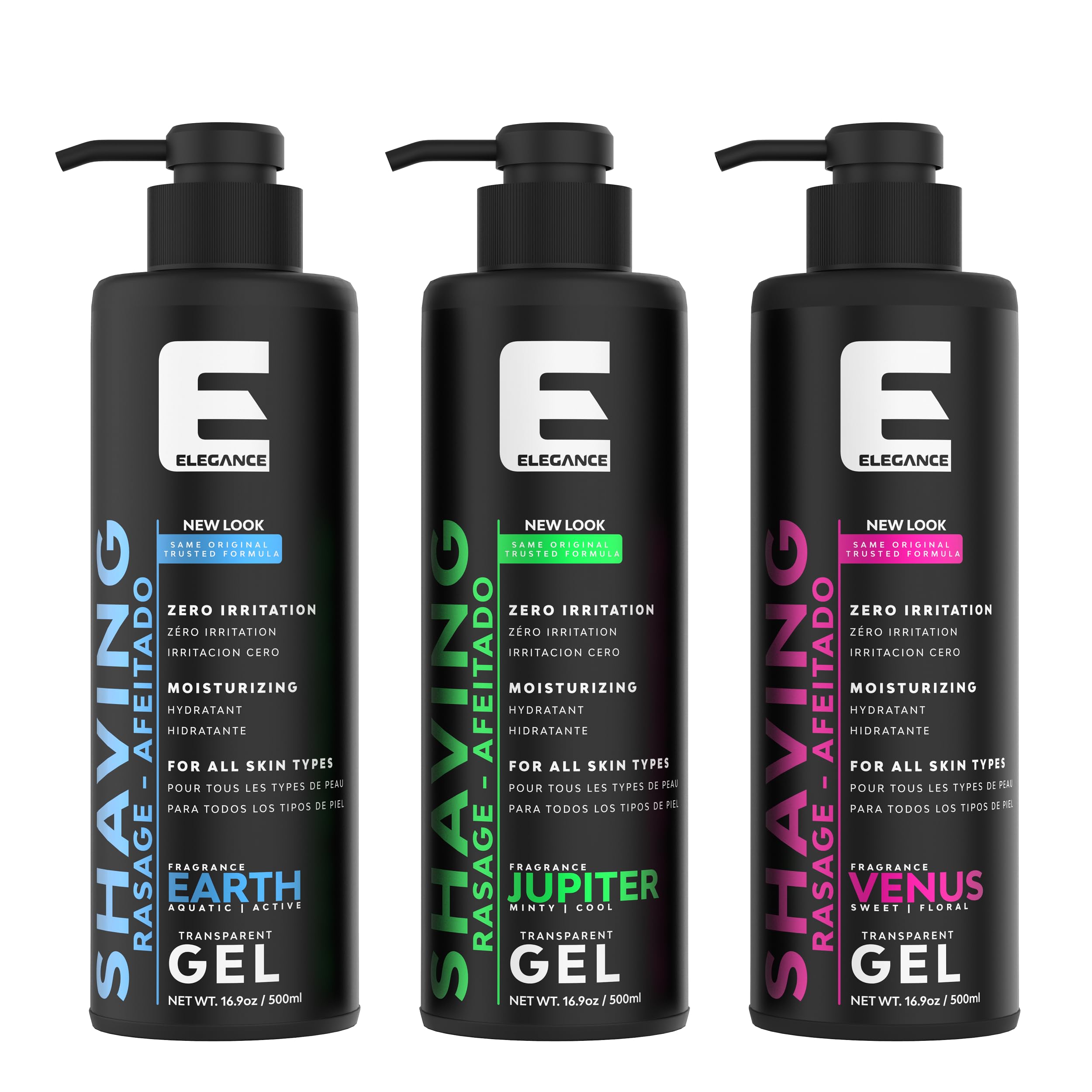 E Elegance 16.9oz shaving gel container highlights generous size