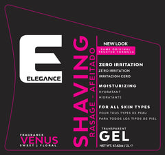 E Elegance shaving gel with sweet floral Venus fragrance enhances grooming sessions.