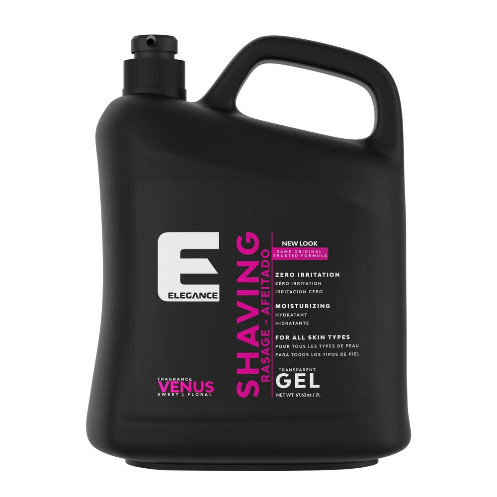 E Elegance transparent shaving gel bottle for a smooth, irritation-free shave.
