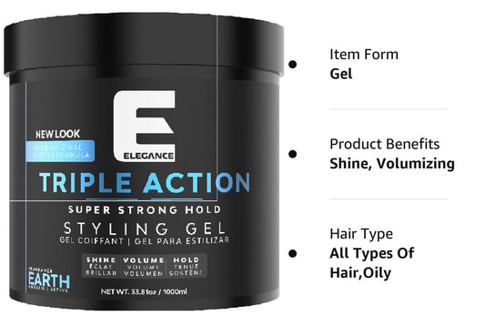 E Elegance Earth Fragrance hair gel demonstrates strong hold for defined styles.