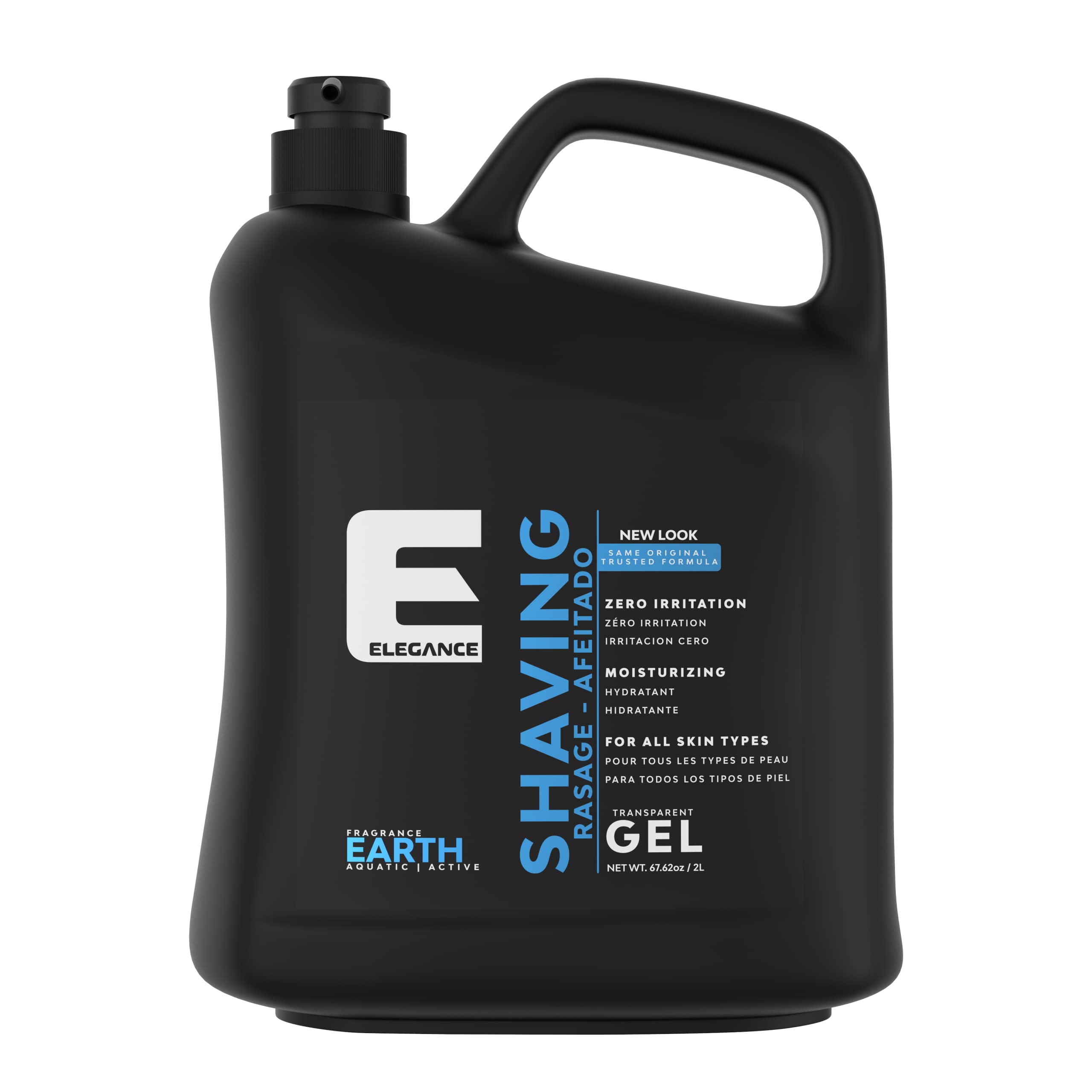 E Elegance transparent shaving gel bottle showing the clear formula for visibility