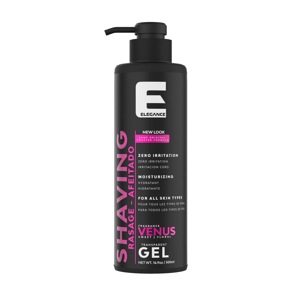 E Elegance transparent shaving gel bottle showing clear glide and precision