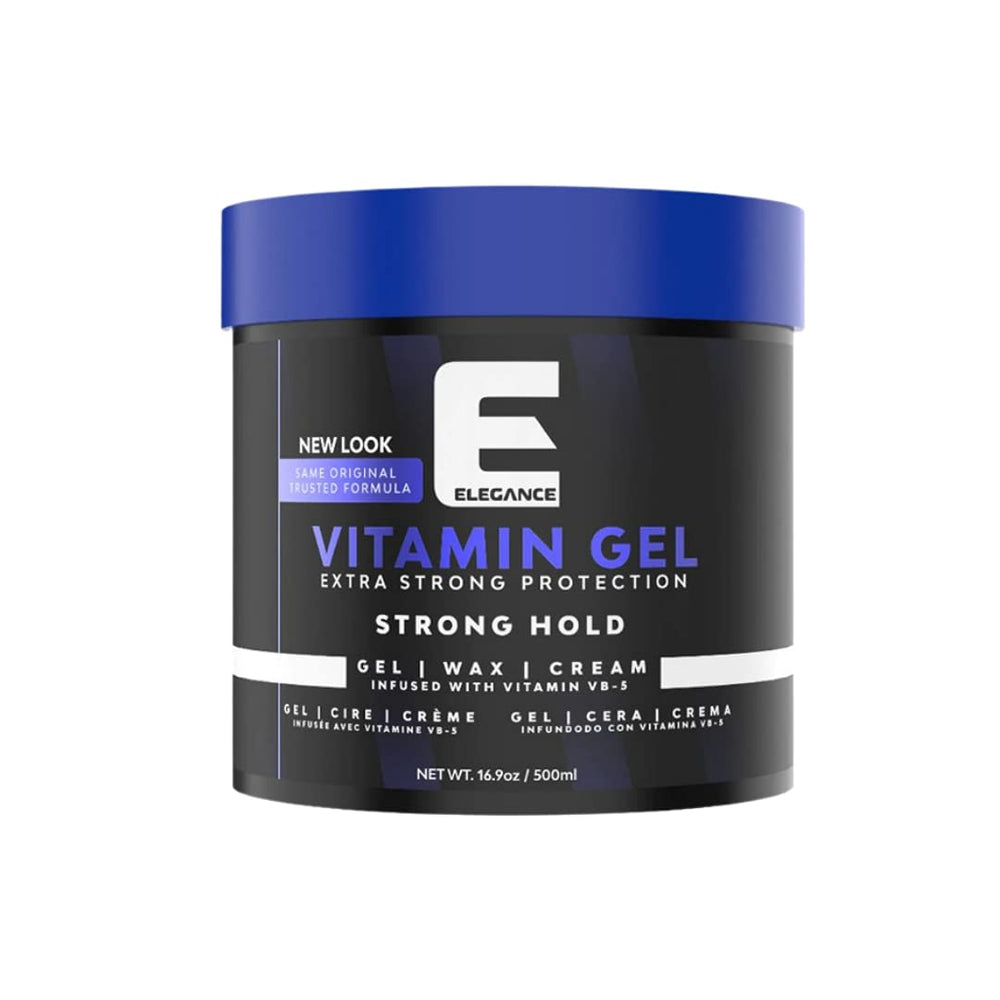 E Elegance Vitamin Gel bottle shows the 16.9 oz packaging for long-lasting hold.
