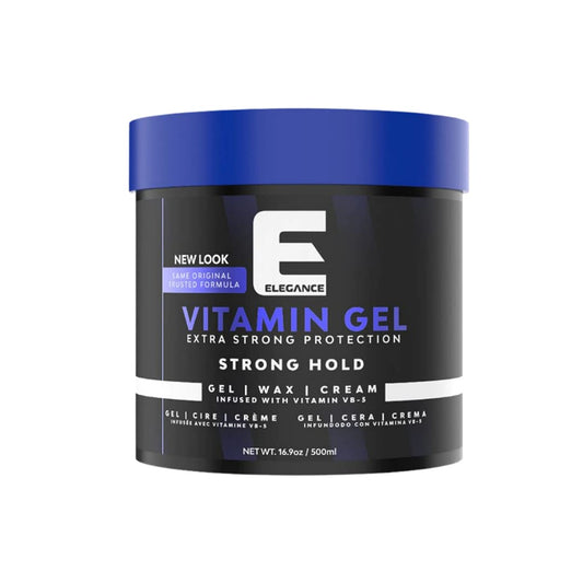 E Elegance Vitamin Gel bottle shows the 16.9 oz packaging for long-lasting hold.