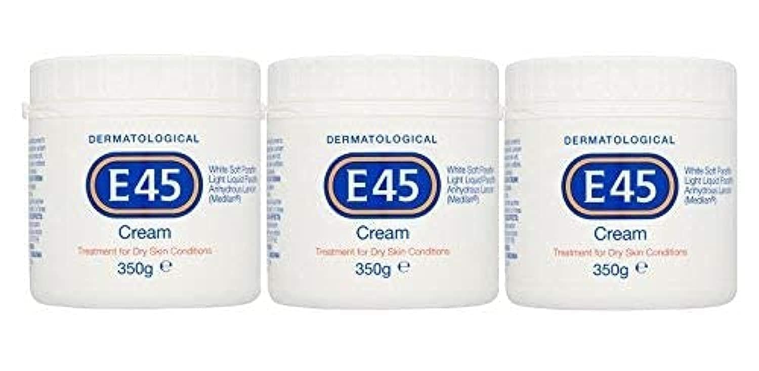 E45 dermatological cream pack of three 350g bottles for long-term moisturisation.