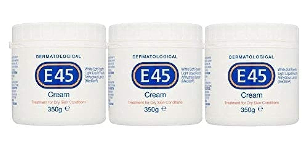 E45 dermatological cream pack of three 350g bottles for long-term moisturisation.