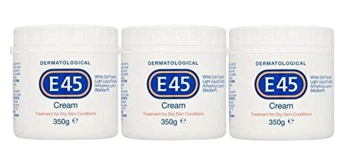 E45 dermatological cream pack of three 350g bottles for long-term moisturisation.