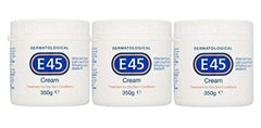 E45 dermatological cream pack of three 350g bottles for long-term moisturisation.