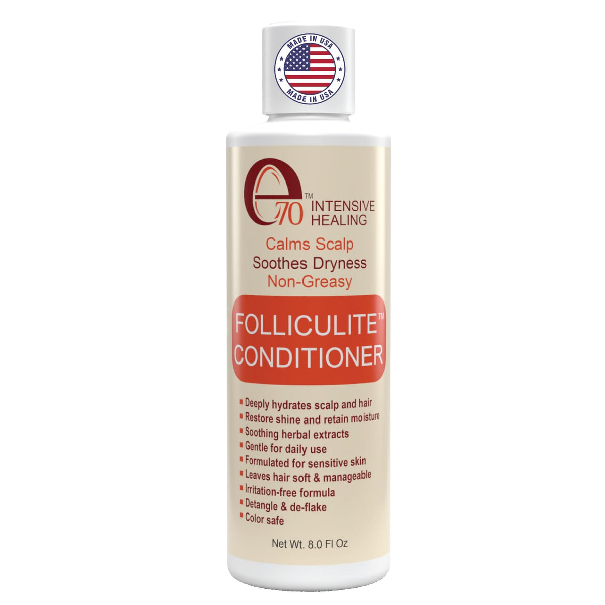 e70 Folliculitis Treatment Conditioner bottle shows 3 percent BHA for irritated scalps