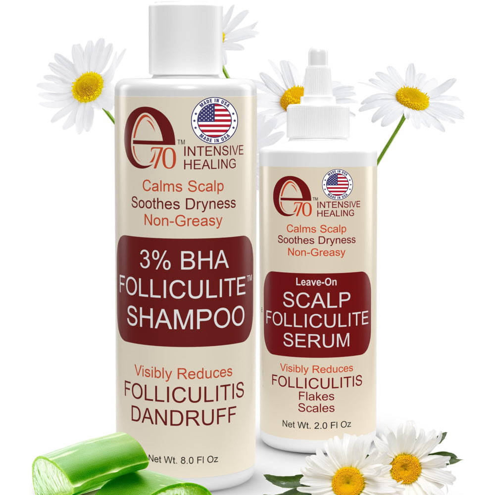 e70 Folliculitis Shampoo bottle offers a refreshing cleanse for flaky scalp care.