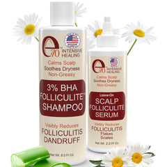 e70 Folliculitis Shampoo bottle offers a refreshing cleanse for flaky scalp care.