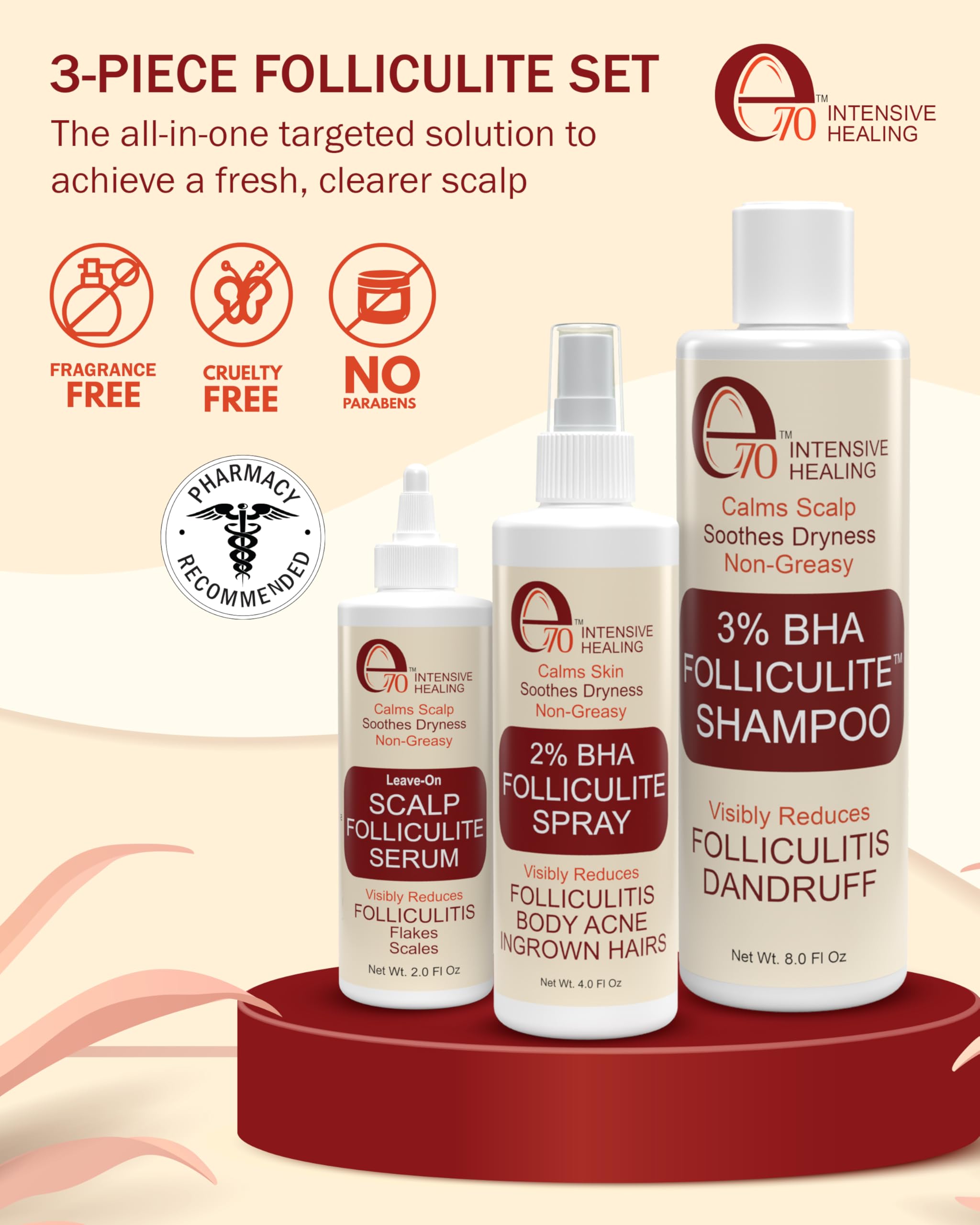 e70 Folliculitis Shampoo label close-up highlighting 3% BHA for balanced scalp